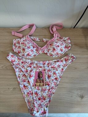Strawberry Milk Mob White and Pink Floral Bikini Set